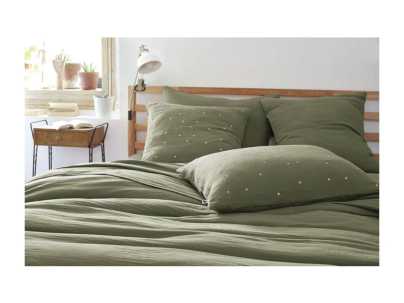 OUREA MOTIF - Taie d'Oreiller 60x60cm Gaze de Coton Romarin à Pois Dorés