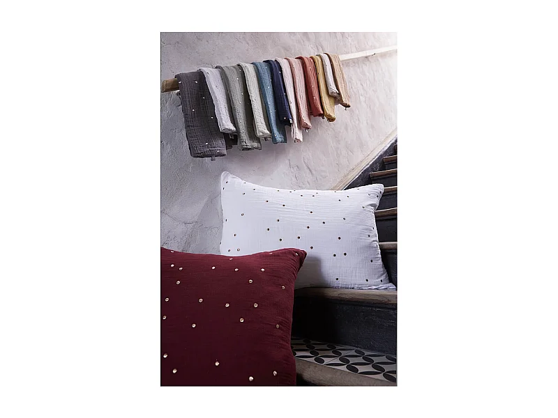 OUREA MOTIF - Taie d'Oreiller 50x70cm Gaze de Coton Vert d'Eau à Pois Dorés