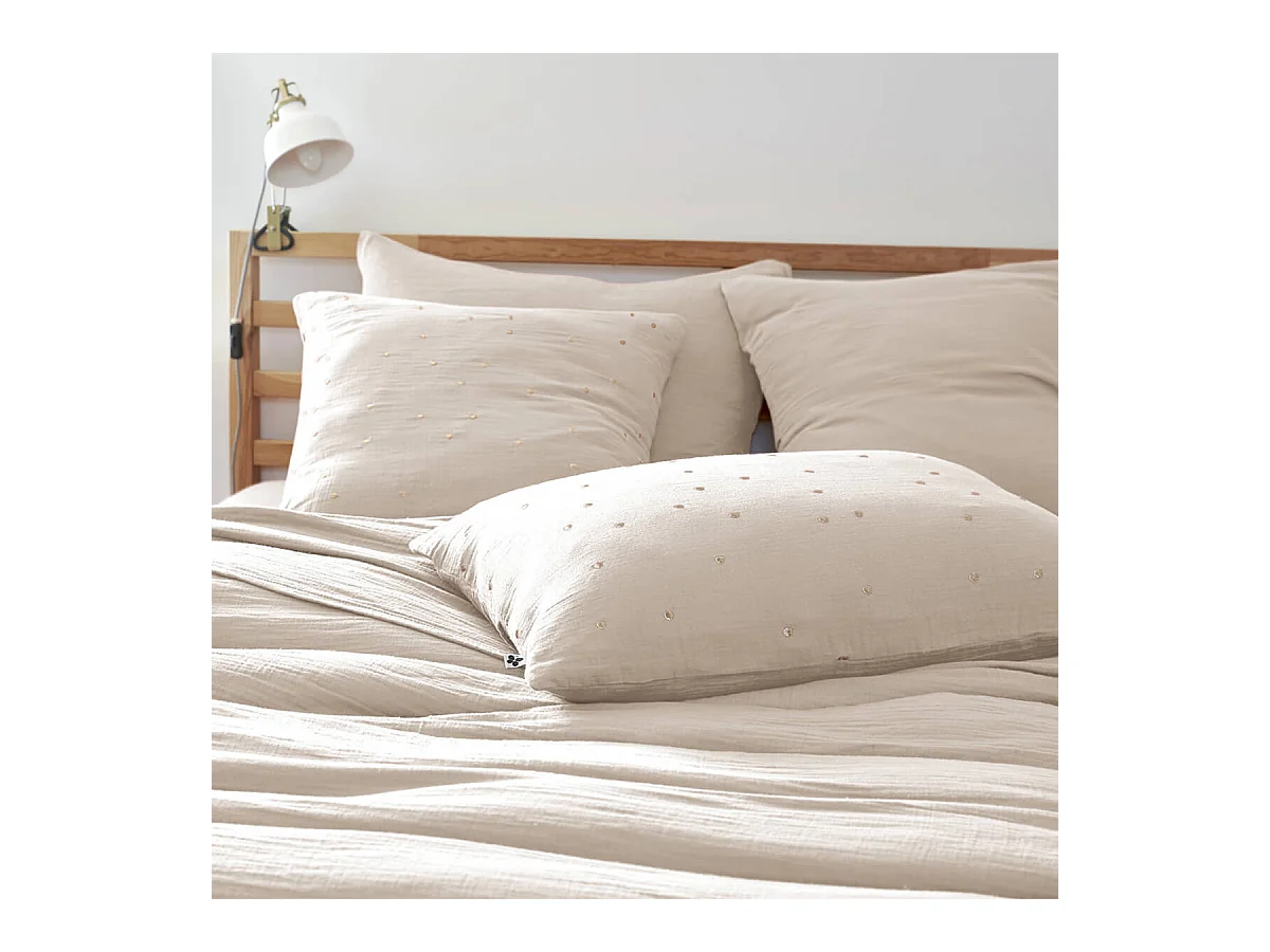 OUREA MOTIF - Taie d'Oreiller 60x60cm Gaze de Coton Pampa à Pois Dorés