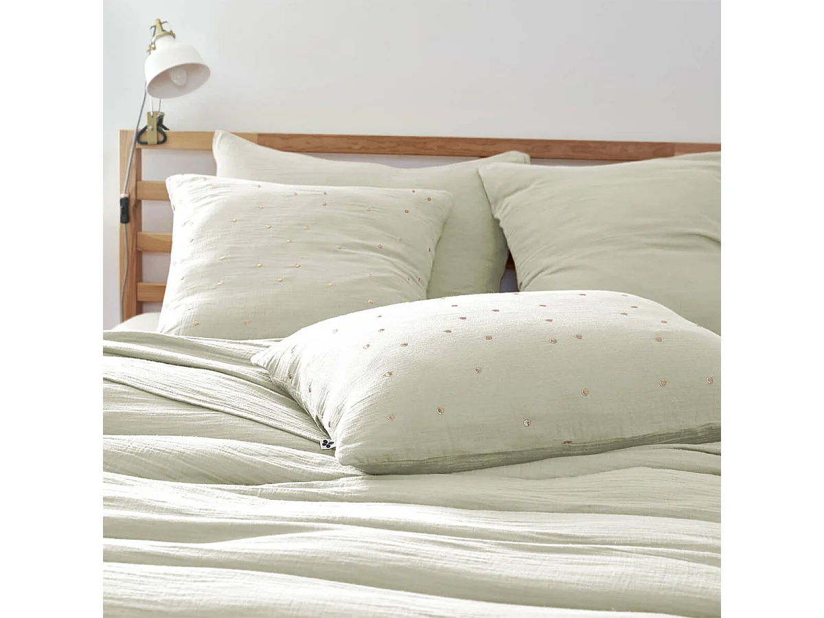OUREA MOTIF - Taie d'Oreiller 60x60cm Gaze de Coton Vert d'Eau à Pois Dorés