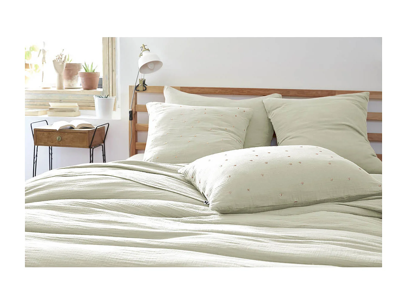 OUREA MOTIF - Taie d'Oreiller 60x60cm Gaze de Coton Vert d'Eau à Pois Dorés