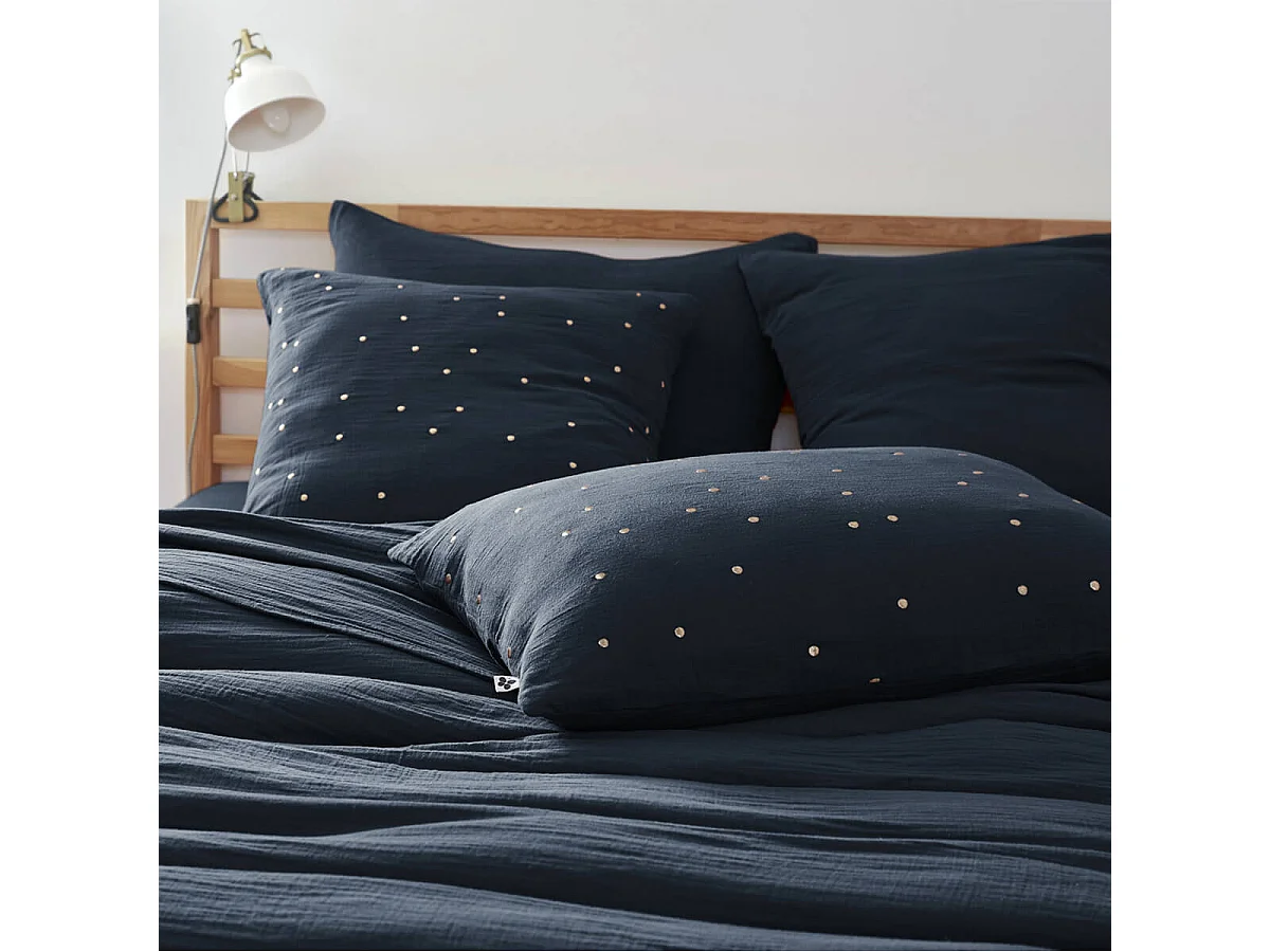 OUREA MOTIF - Taie d'Oreiller 60x60cm Gaze de Coton Minuit à Pois Dorés