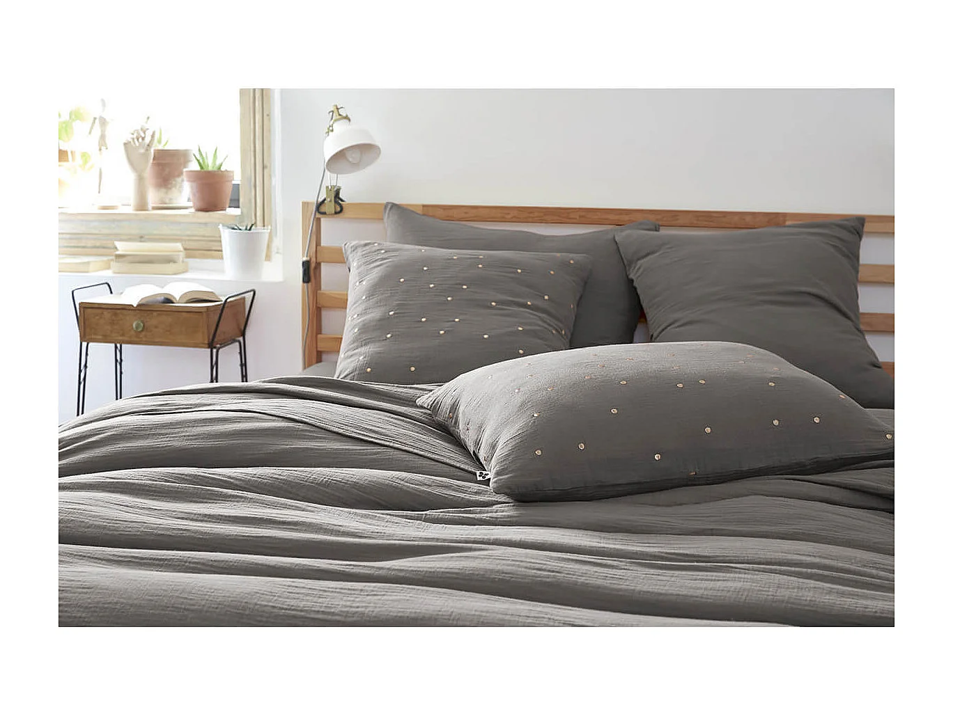 OUREA MOTIF - Taie d'Oreiller 50x70cm Gaze de Coton Granit à Pois Dorés