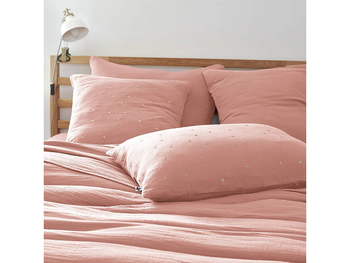 OUREA MOTIF - Taie d'Oreiller 60x60cm Gaze de Coton Rose Pêche à Pois Dorés