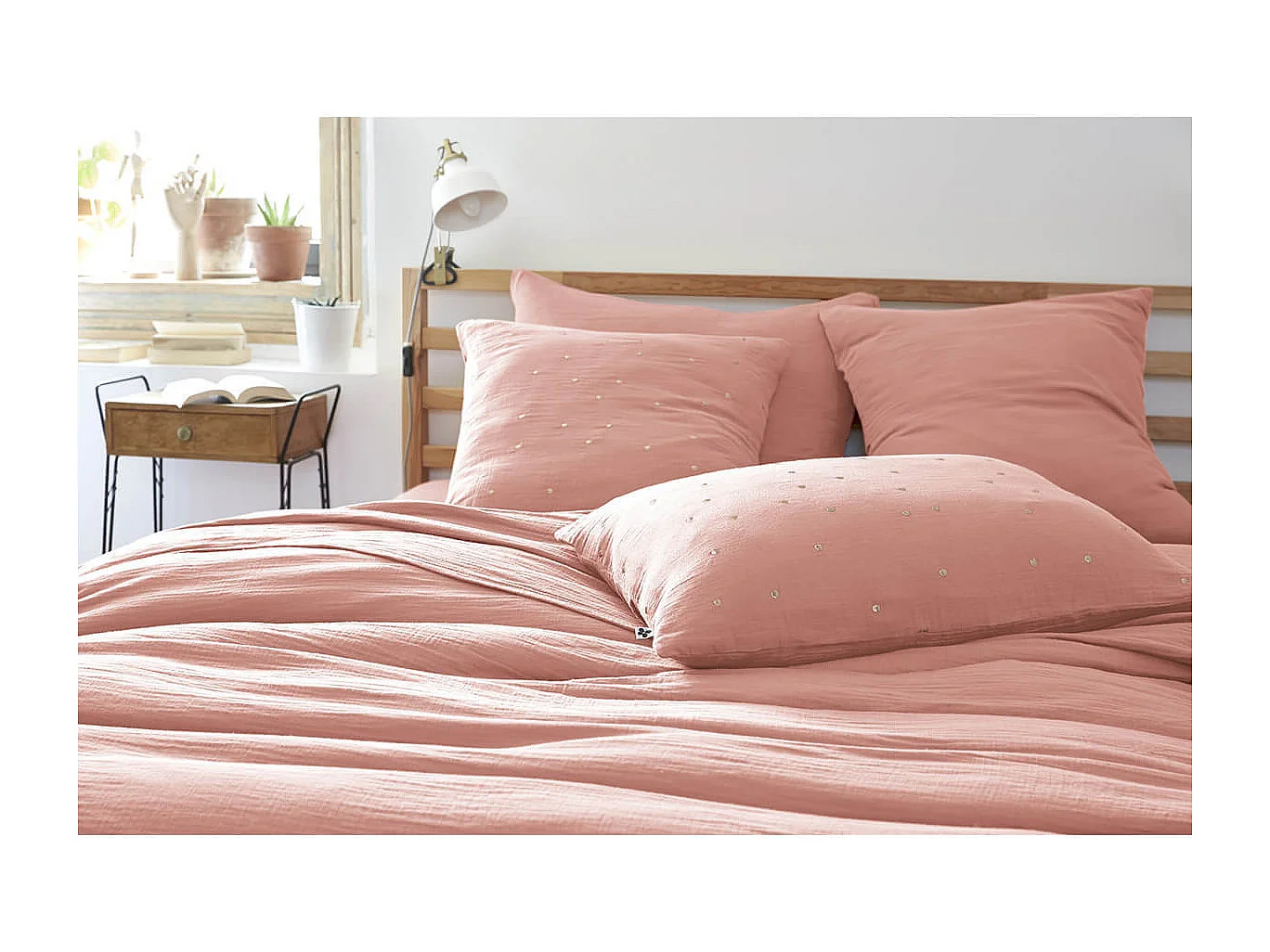 OUREA MOTIF - Taie d'Oreiller 60x60cm Gaze de Coton Rose Pêche à Pois Dorés