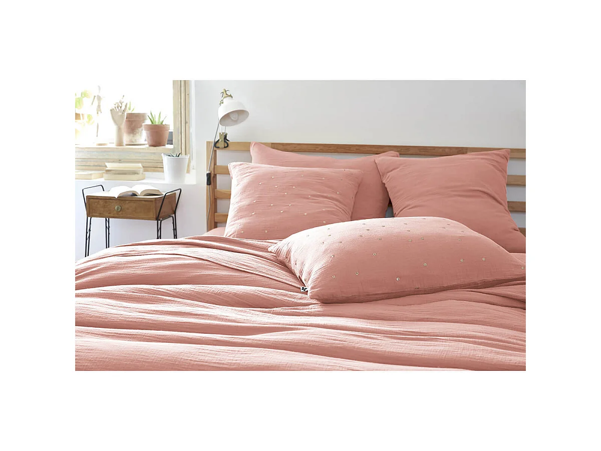 OUREA MOTIF - Taie d'Oreiller 60x60cm Gaze de Coton Rose Pêche à Pois Dorés
