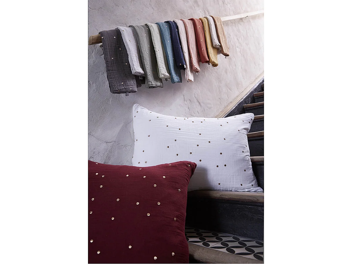 OUREA MOTIF - Taie d'Oreiller 60x60cm Gaze de Coton Rose Pêche à Pois Dorés