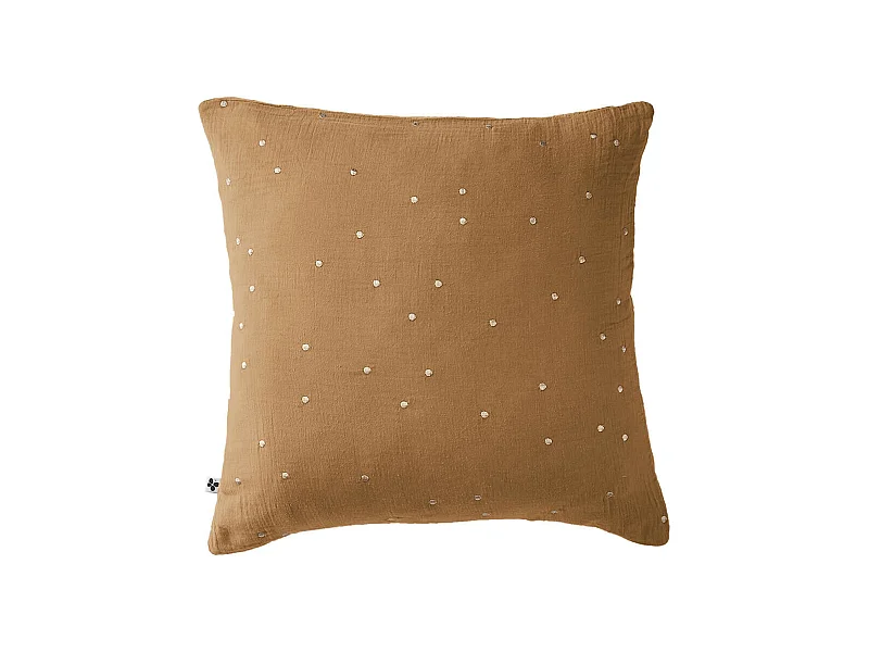 OUREA MOTIF - Taie d'Oreiller 60x60cm Gaze de Coton Camel à Pois Dorés