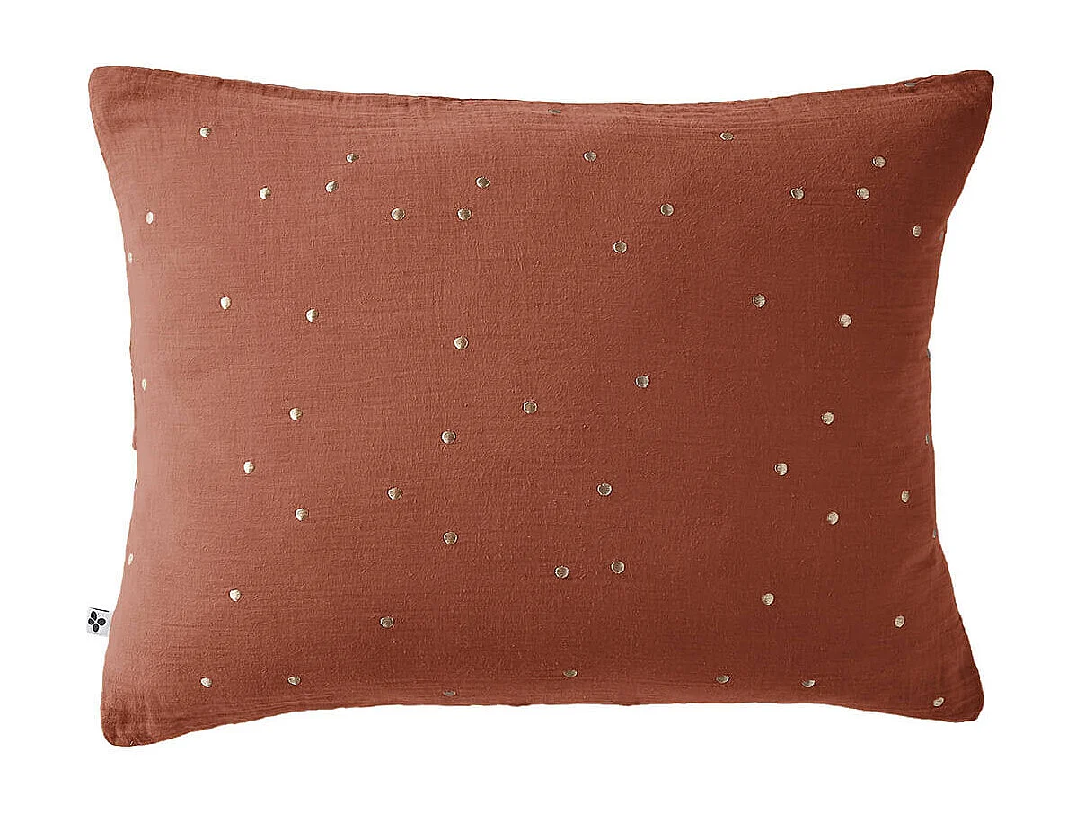 OUREA MOTIF - Taie d'Oreiller 50x70cm Gaze de Coton Terracotta à Pois Dorés