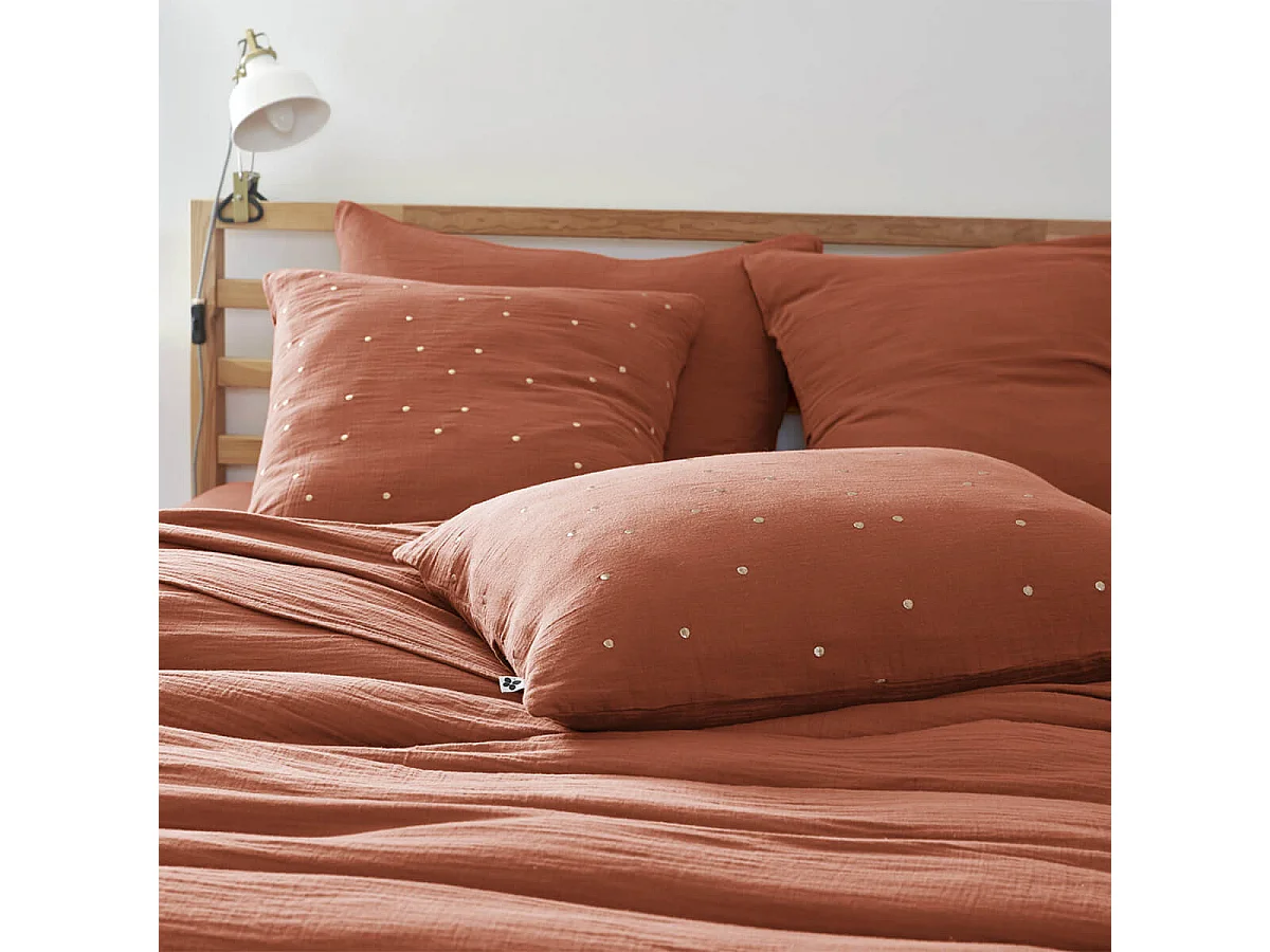 OUREA MOTIF - Taie d'Oreiller 50x70cm Gaze de Coton Terracotta à Pois Dorés