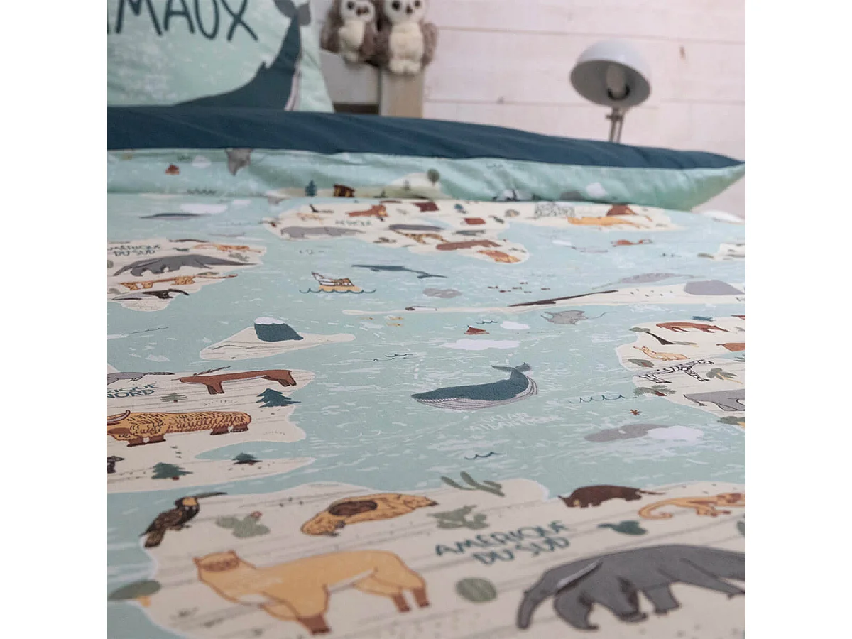 EXPLORE - Parure de Lit Coton Motif Monde Housse de Couette 140x200cm + Taie d'Oreiller
