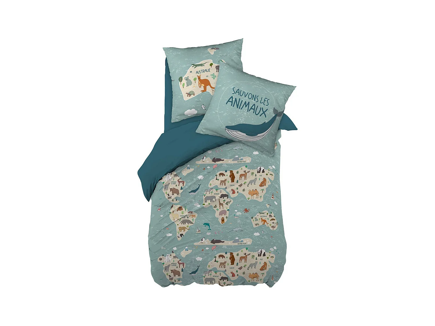 EXPLORE - Parure de Lit Coton Motif Monde Housse de Couette 140x200cm + Taie d'Oreiller