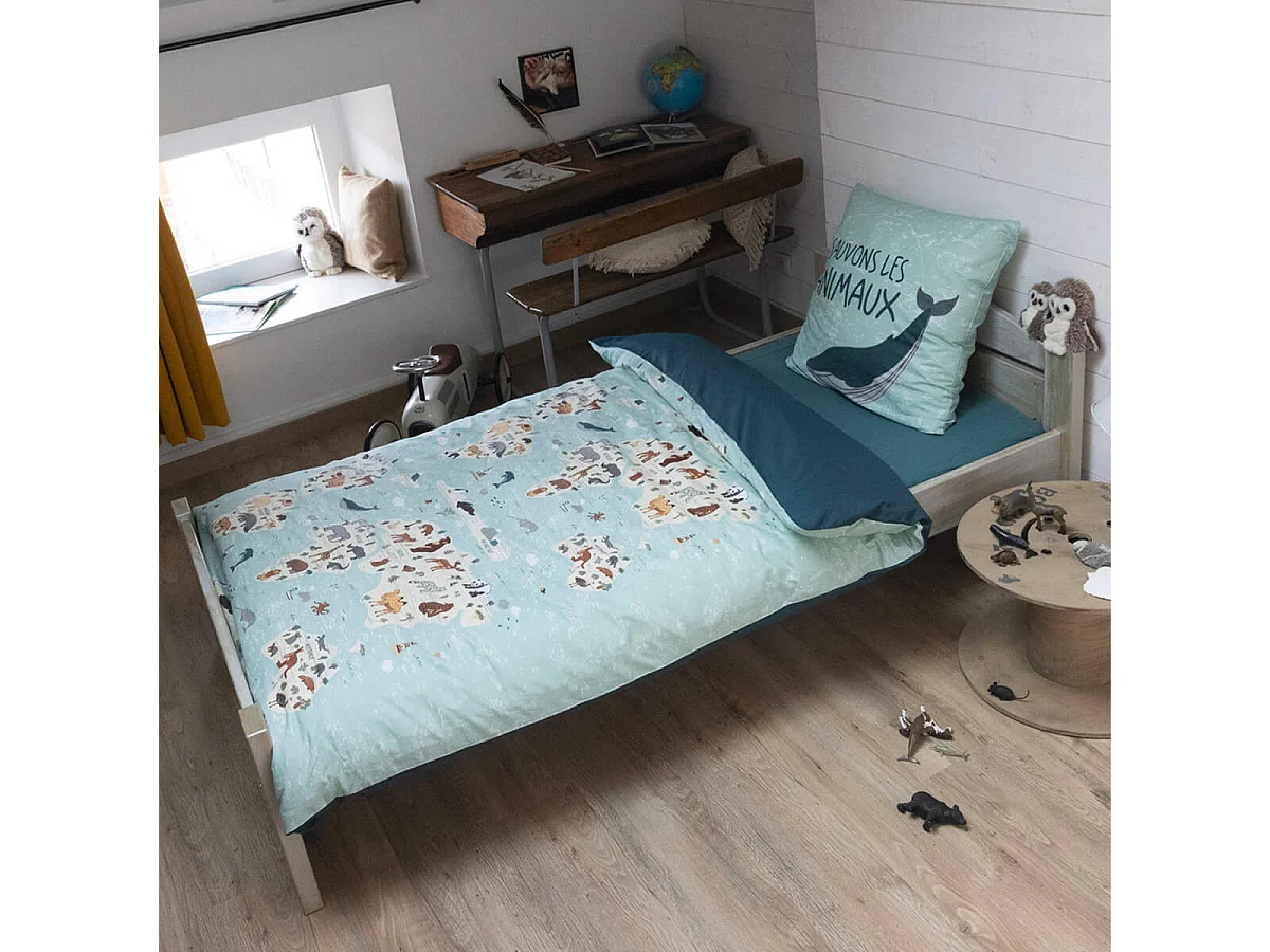 EXPLORE - Parure de Lit Coton Motif Monde Housse de Couette 140x200cm + Taie d'Oreiller