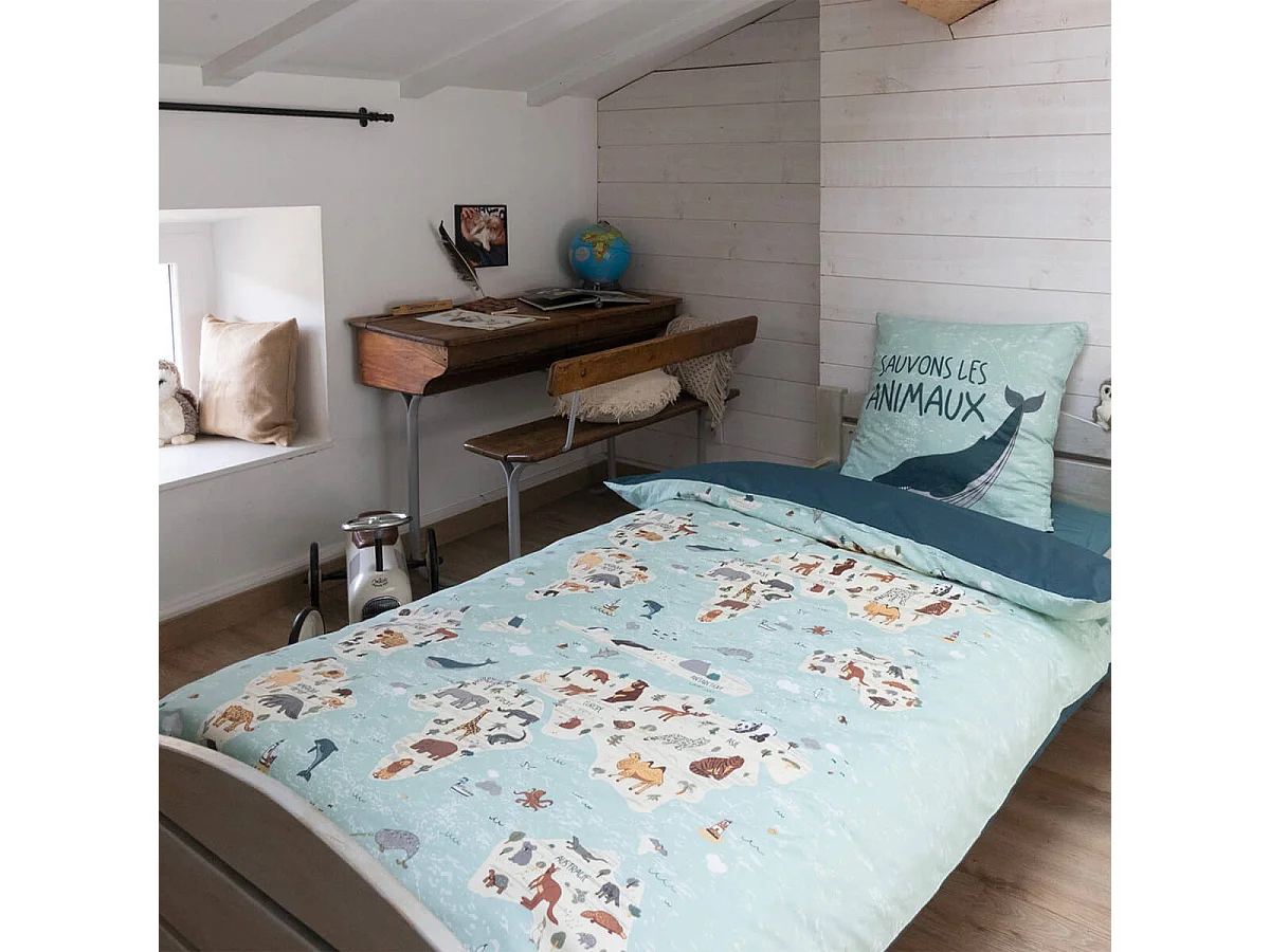 EXPLORE - Parure de Lit Coton Motif Monde Housse de Couette 140x200cm + Taie d'Oreiller