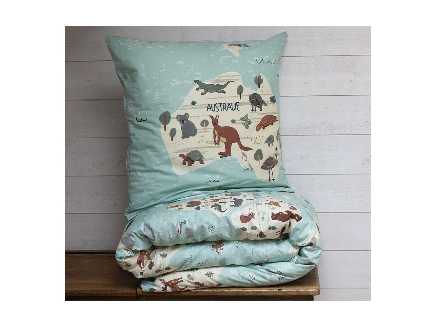 EXPLORE - Parure de Lit Coton Motif Monde Housse de Couette 140x200cm + Taie d'Oreiller