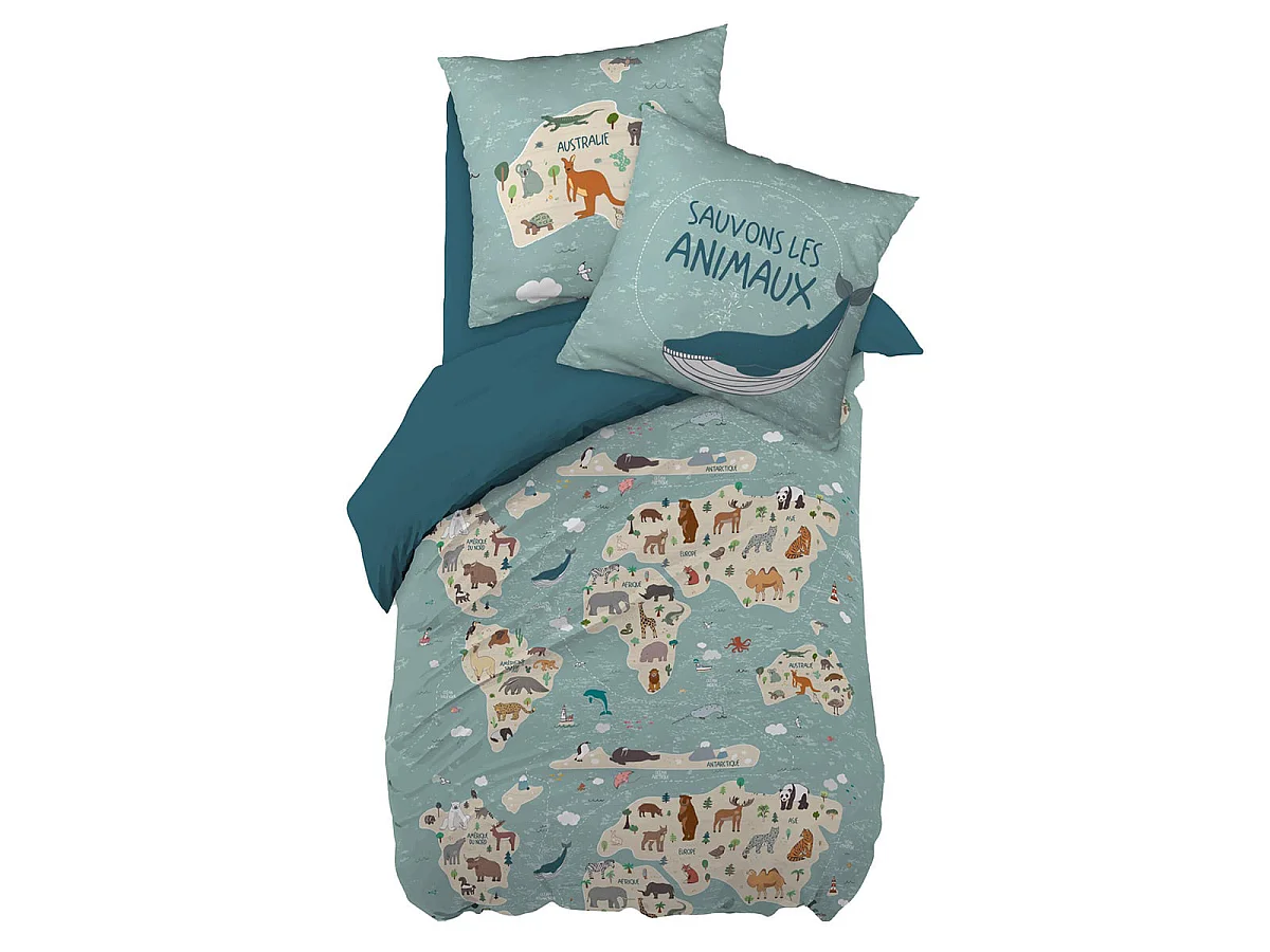 EXPLORE - Parure de Lit Coton Motif Monde Housse de Couette 140x200cm + Taie d'Oreiller