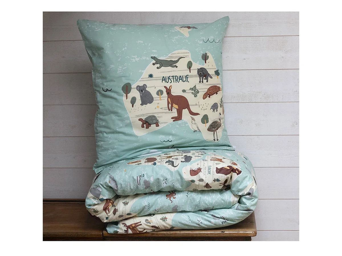 EXPLORE - Parure de Lit Coton Motif Monde Housse de Couette 140x200cm + Taie d'Oreiller