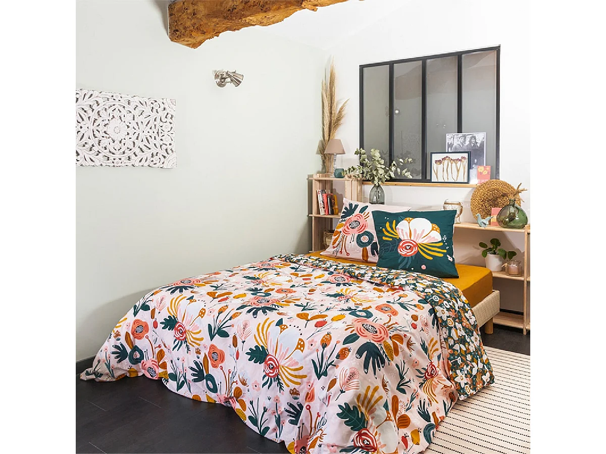 CAPUK - Parure de Lit Coton Motif Rétro Housse de Couette 260x240cm + 2 Taies d'Oreiller