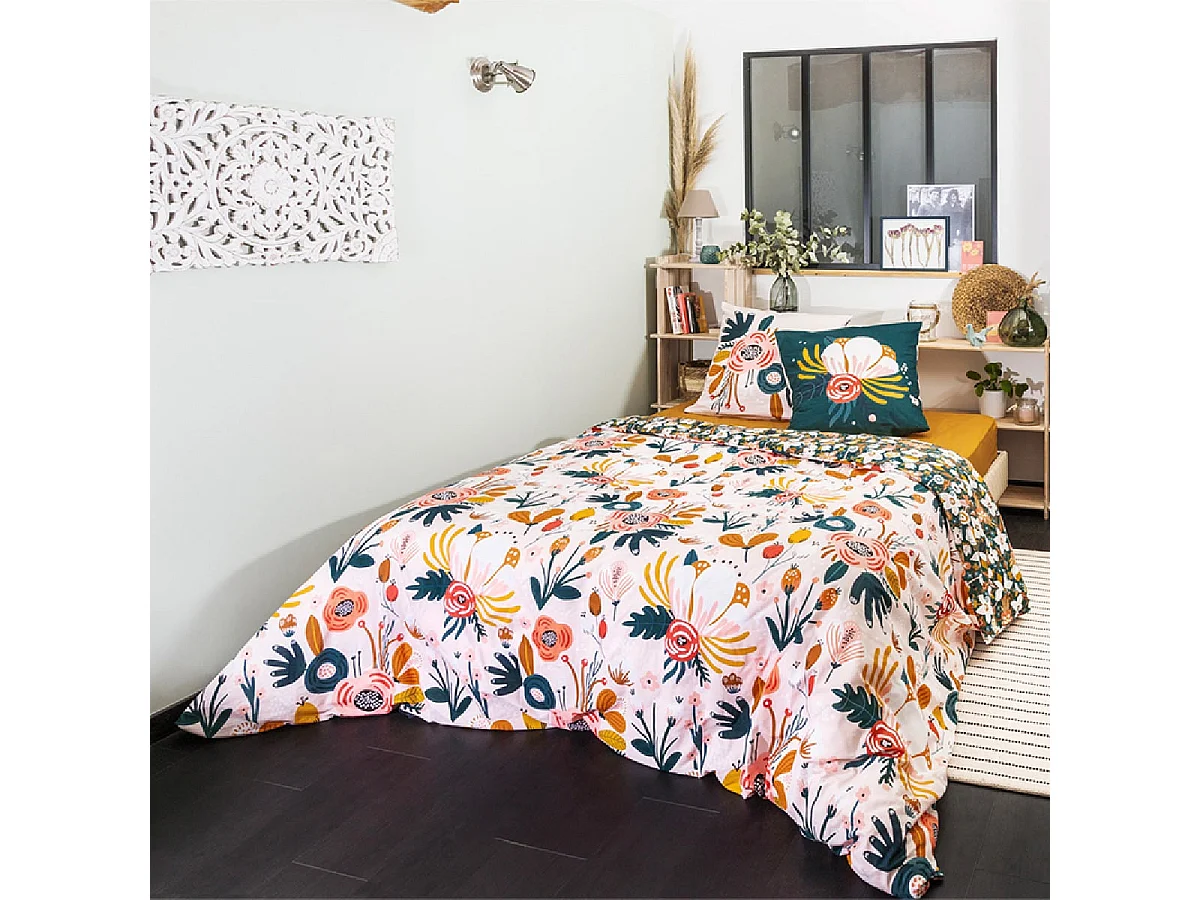 CAPUK - Parure de Lit Coton Motif Rétro Housse de Couette 260x240cm + 2 Taies d'Oreiller