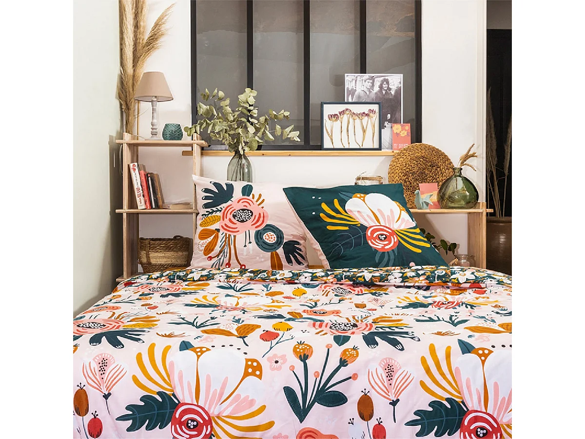 CAPUK - Parure de Lit Coton Motif Rétro Housse de Couette 260x240cm + 2 Taies d'Oreiller