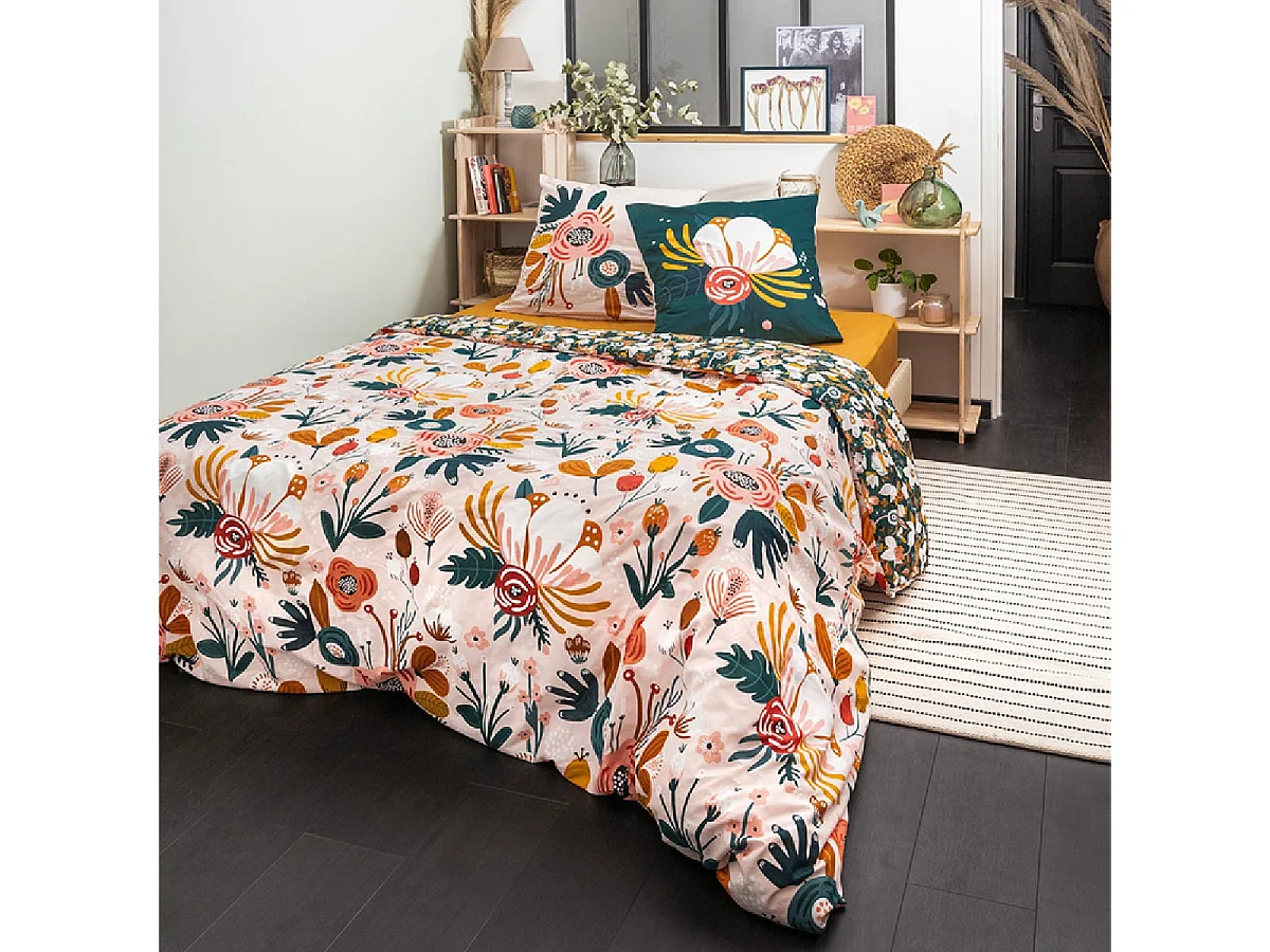 CAPUK - Parure de Lit Coton Motif Rétro Housse de Couette 260x240cm + 2 Taies d'Oreiller