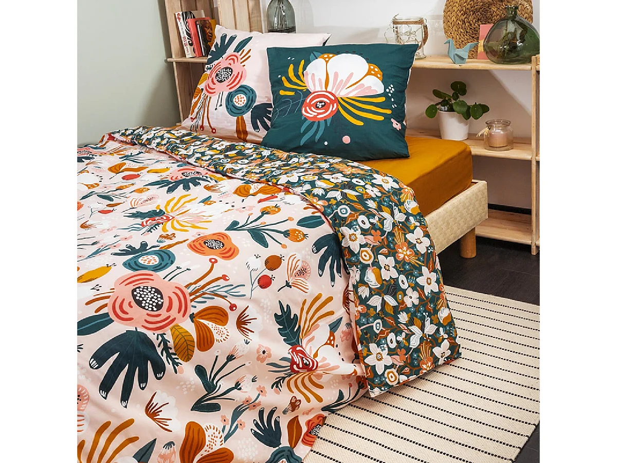 CAPUK - Parure de Lit Coton Motif Rétro Housse de Couette 260x240cm + 2 Taies d'Oreiller