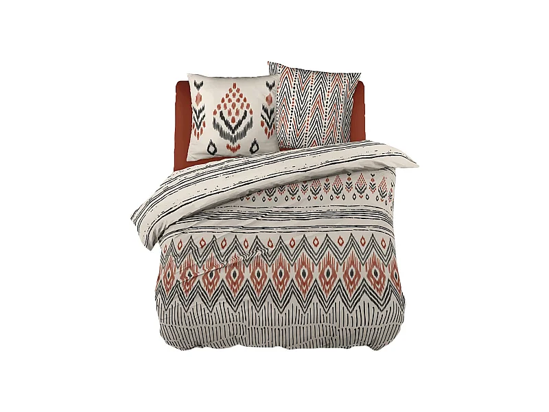 MUNDA - Parure de Lit Coton Motifs Ethniques Housse de Couette 260x240cm + 2 Taies d'Oreiller
