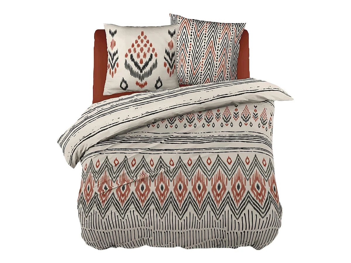 MUNDA - Parure de Lit Coton Motifs Ethniques Housse de Couette 260x240cm + 2 Taies d'Oreiller