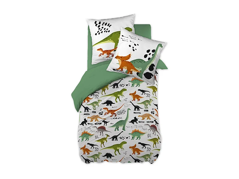 MEZO - Parure de Lit Coton Motif Dinosaures Housse de Couette 140x200cm + Taie d'Oreiller