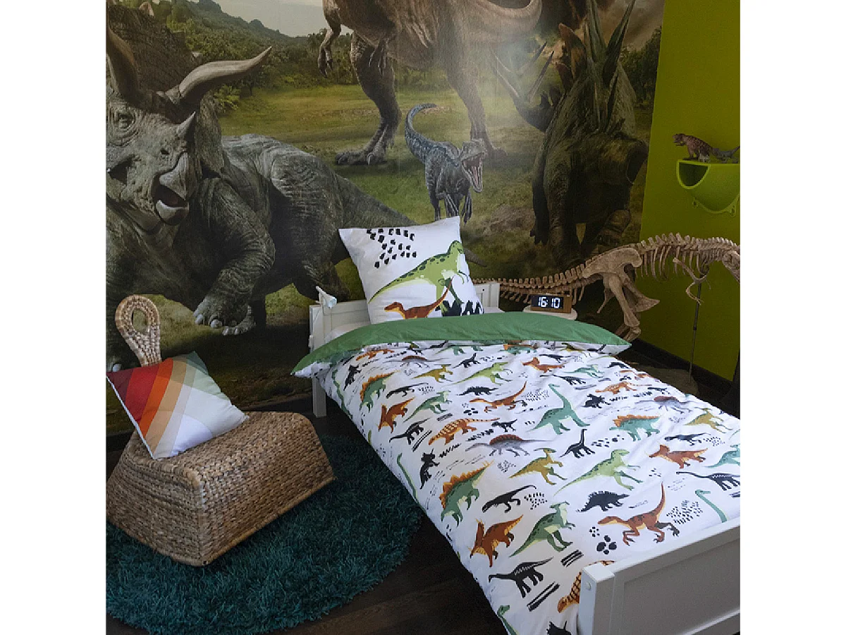 MEZO - Parure de Lit Coton Motif Dinosaures Housse de Couette 140x200cm + Taie d'Oreiller