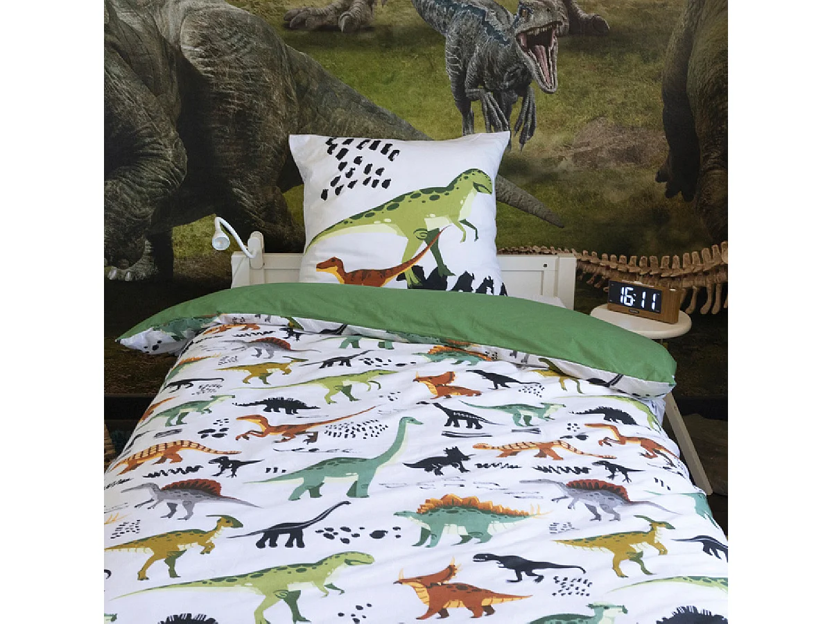 MEZO - Parure de Lit Coton Motif Dinosaures Housse de Couette 140x200cm + Taie d'Oreiller