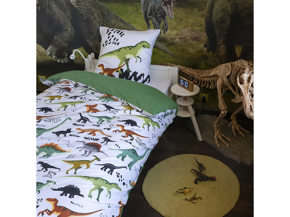 MEZO - Parure de Lit Coton Motif Dinosaures Housse de Couette 140x200cm + Taie d'Oreiller