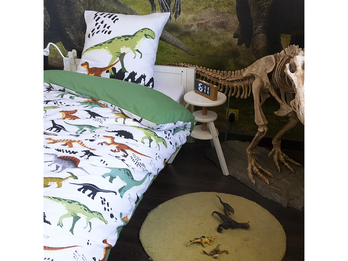 MEZO - Parure de Lit Coton Motif Dinosaures Housse de Couette 140x200cm + Taie d'Oreiller