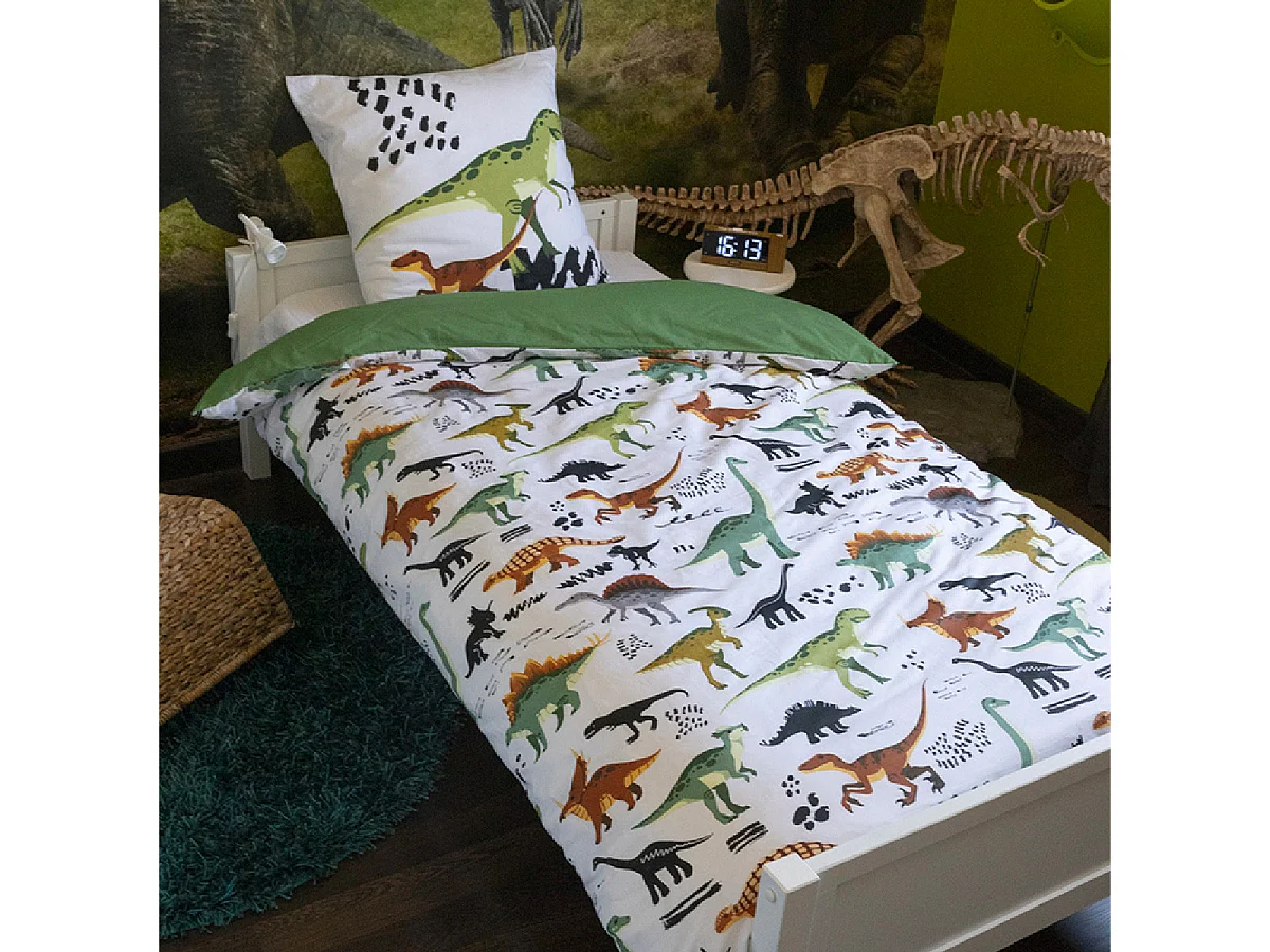 MEZO - Parure de Lit Coton Motif Dinosaures Housse de Couette 140x200cm + Taie d'Oreiller