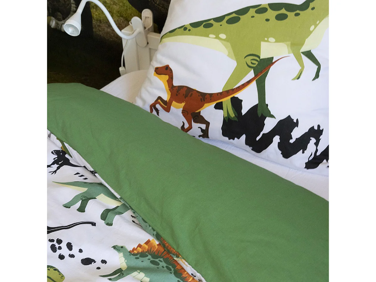 MEZO - Parure de Lit Coton Motif Dinosaures Housse de Couette 140x200cm + Taie d'Oreiller