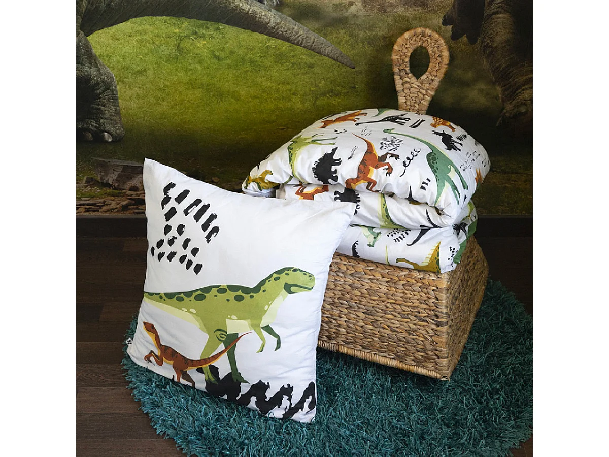 MEZO - Parure de Lit Coton Motif Dinosaures Housse de Couette 140x200cm + Taie d'Oreiller
