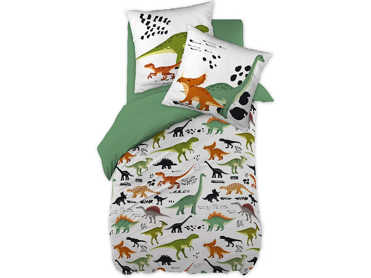 MEZO - Parure de Lit Coton Motif Dinosaures Housse de Couette 140x200cm + Taie d'Oreiller