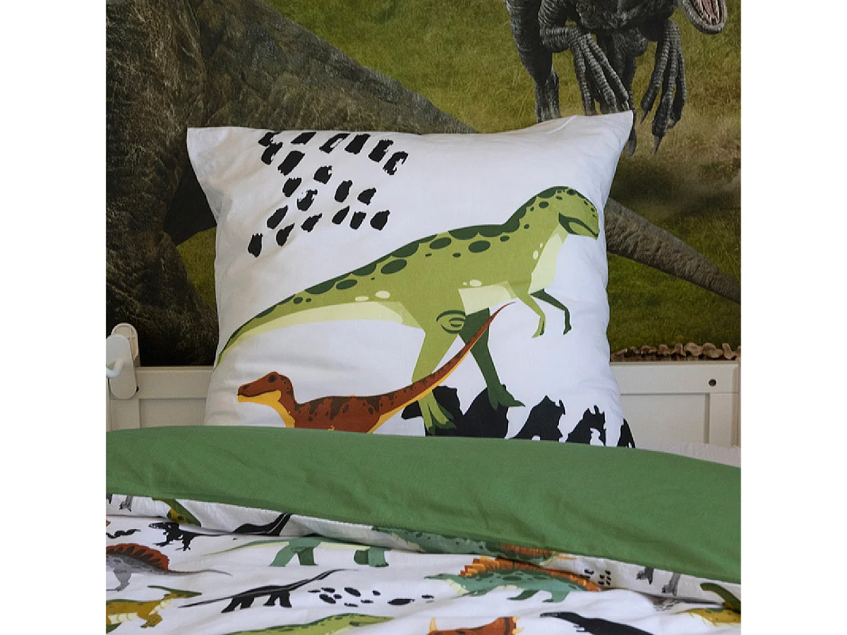 MEZO - Parure de Lit Coton Motif Dinosaures Housse de Couette 140x200cm + Taie d'Oreiller