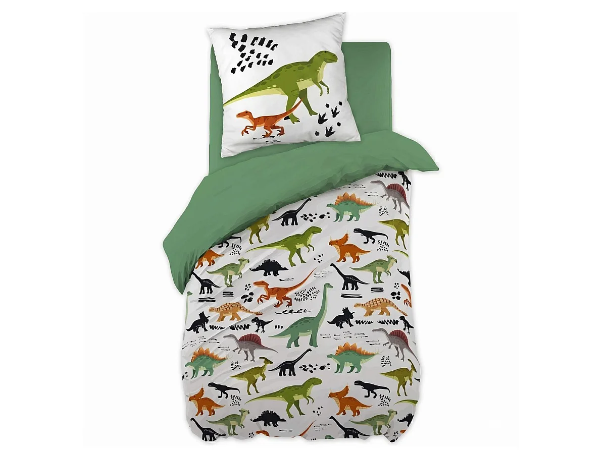 MEZO - Parure de Lit Coton Motif Dinosaures Housse de Couette 140x200cm + Taie d'Oreiller