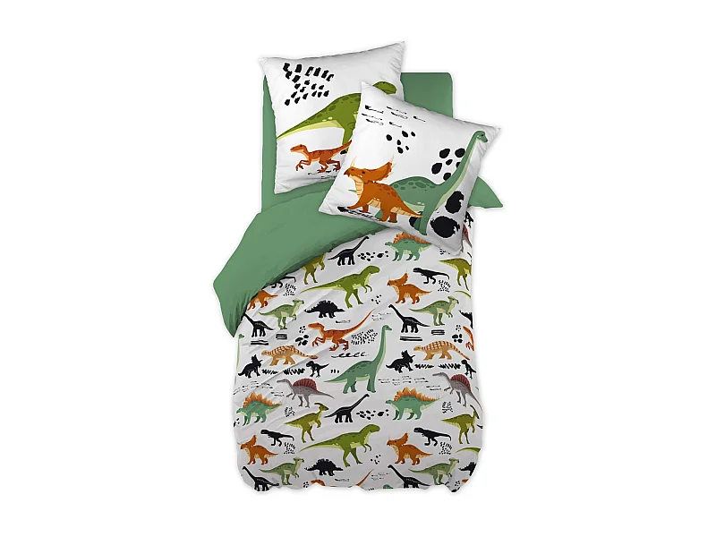 MEZO - Parure de Lit Coton Motif Dinosaures Housse de Couette 140x200cm + Taie d'Oreiller