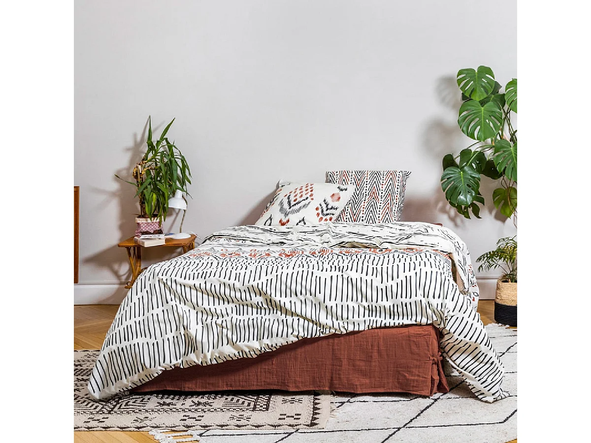 MUNDA - Parure de Lit Coton Motifs Ethniques Housse de Couette 200x200cm + 2 Taies d'Oreiller