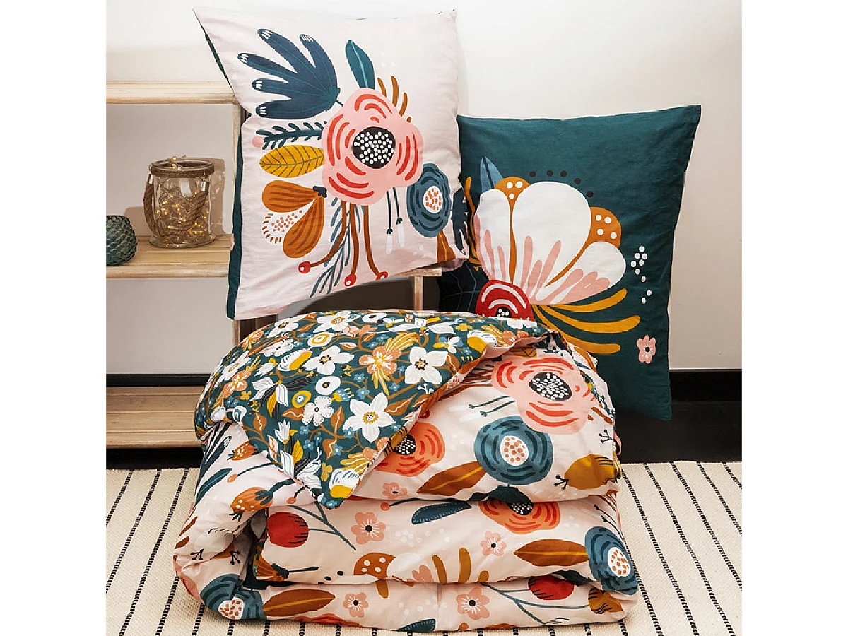 CAPUK - Parure de Lit Coton Motif Rétro Housse de Couette 240x220cm + 2 Taies d'Oreiller