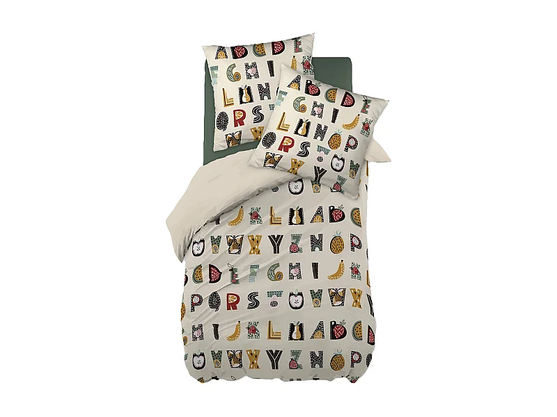 FRUIY - Parure de Lit Coton Motif Alphabet Housse de Couette 140x200cm + Taie d'Oreiller