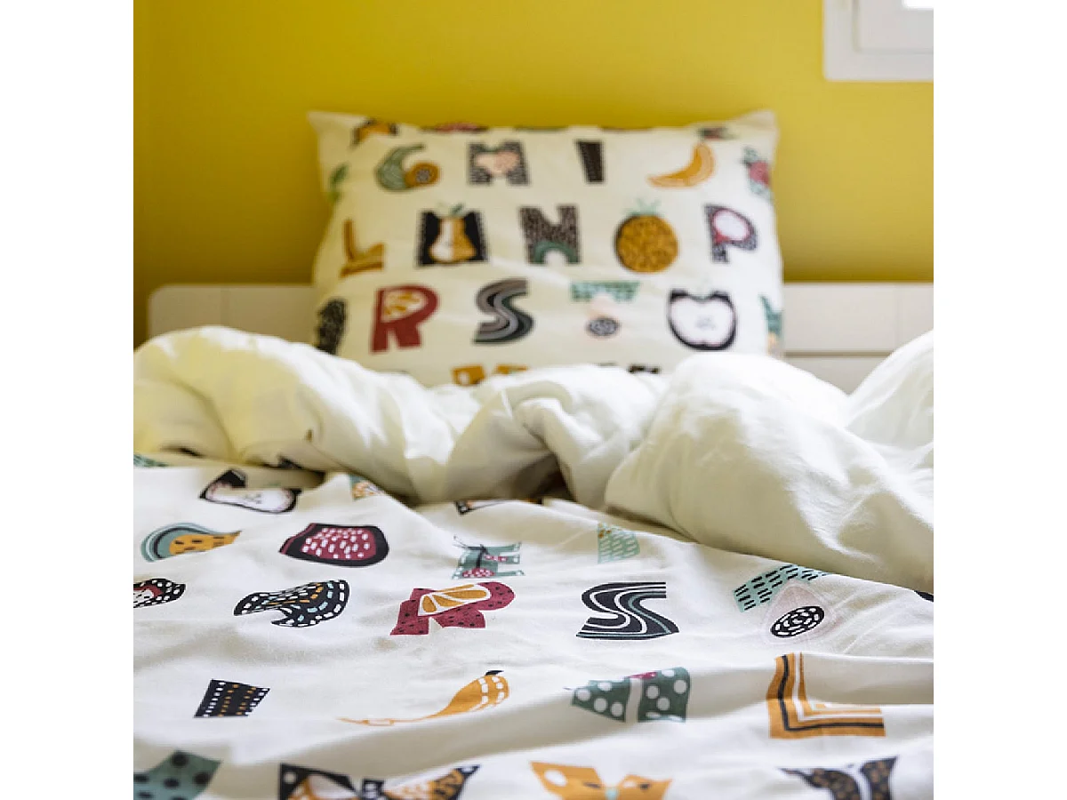 FRUIY - Parure de Lit Coton Motif Alphabet Housse de Couette 140x200cm + Taie d'Oreiller