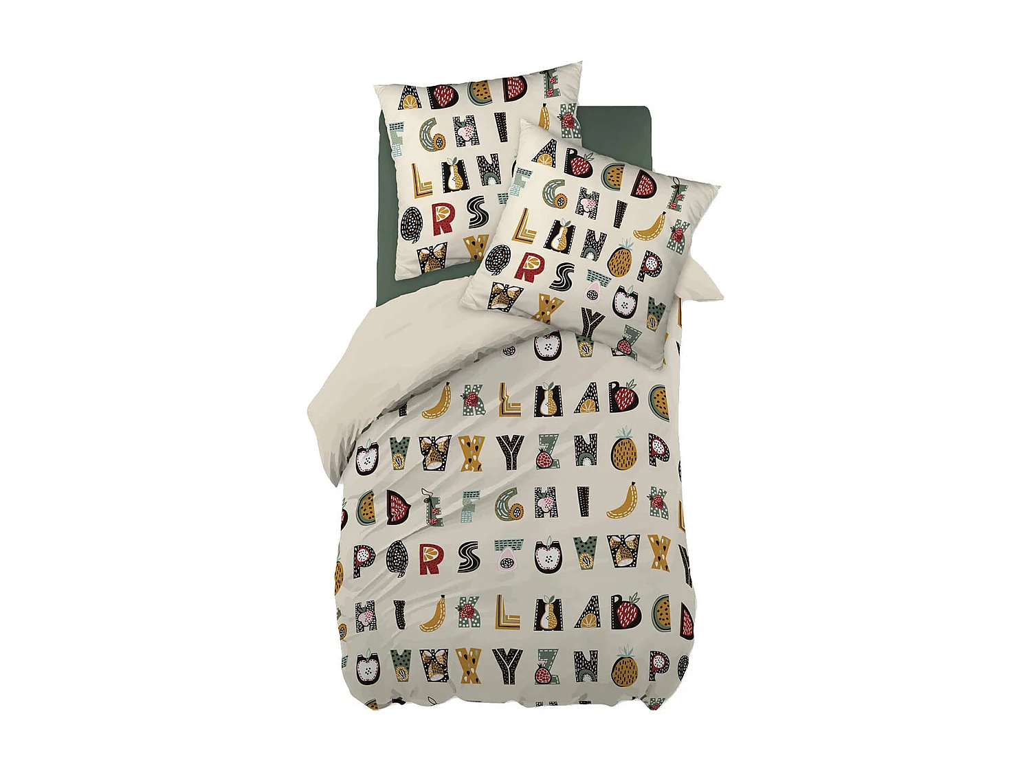 FRUIY - Parure de Lit Coton Motif Alphabet Housse de Couette 140x200cm + Taie d'Oreiller