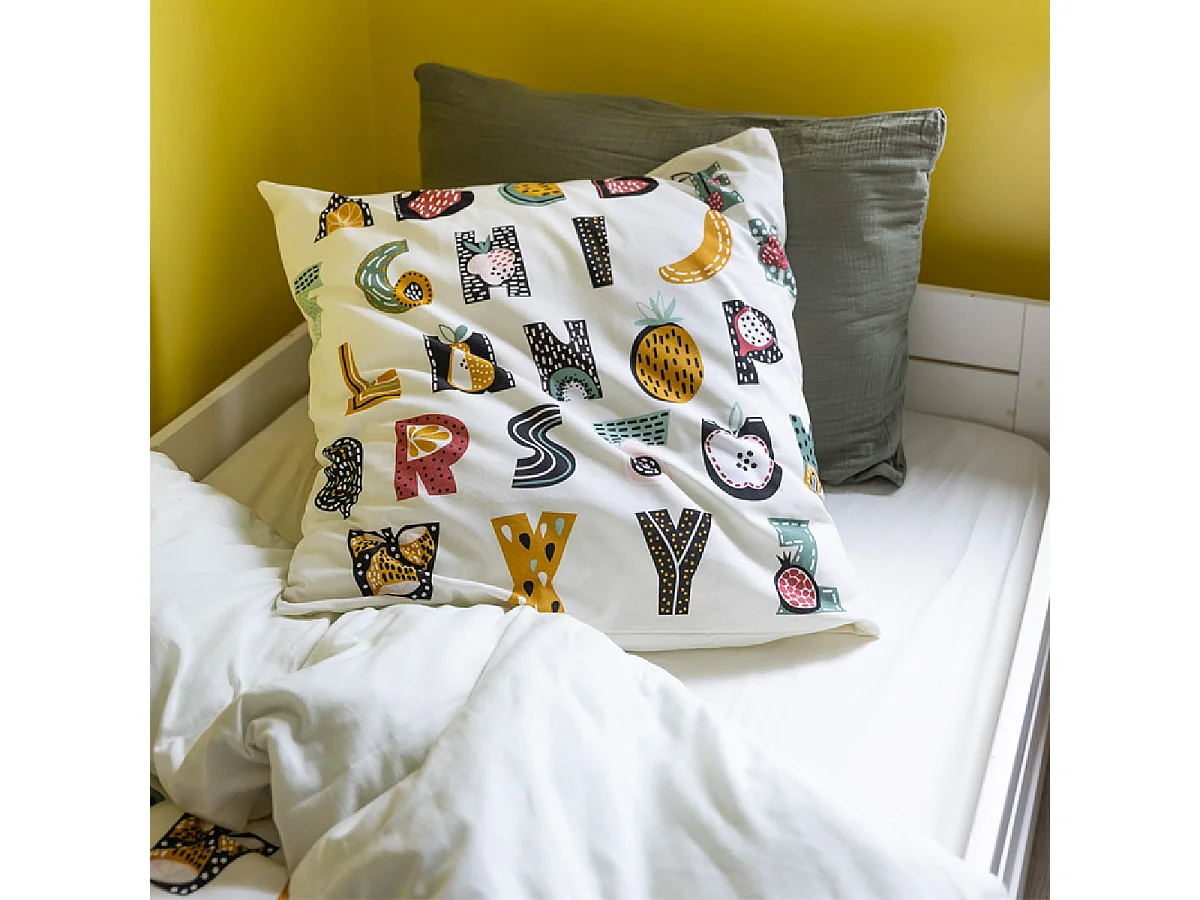 FRUIY - Parure de Lit Coton Motif Alphabet Housse de Couette 140x200cm + Taie d'Oreiller