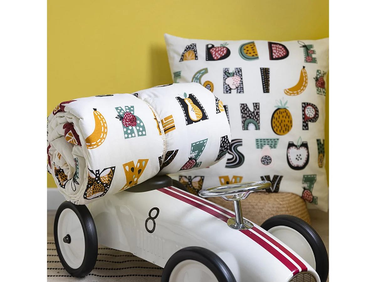 FRUIY - Parure de Lit Coton Motif Alphabet Housse de Couette 140x200cm + Taie d'Oreiller