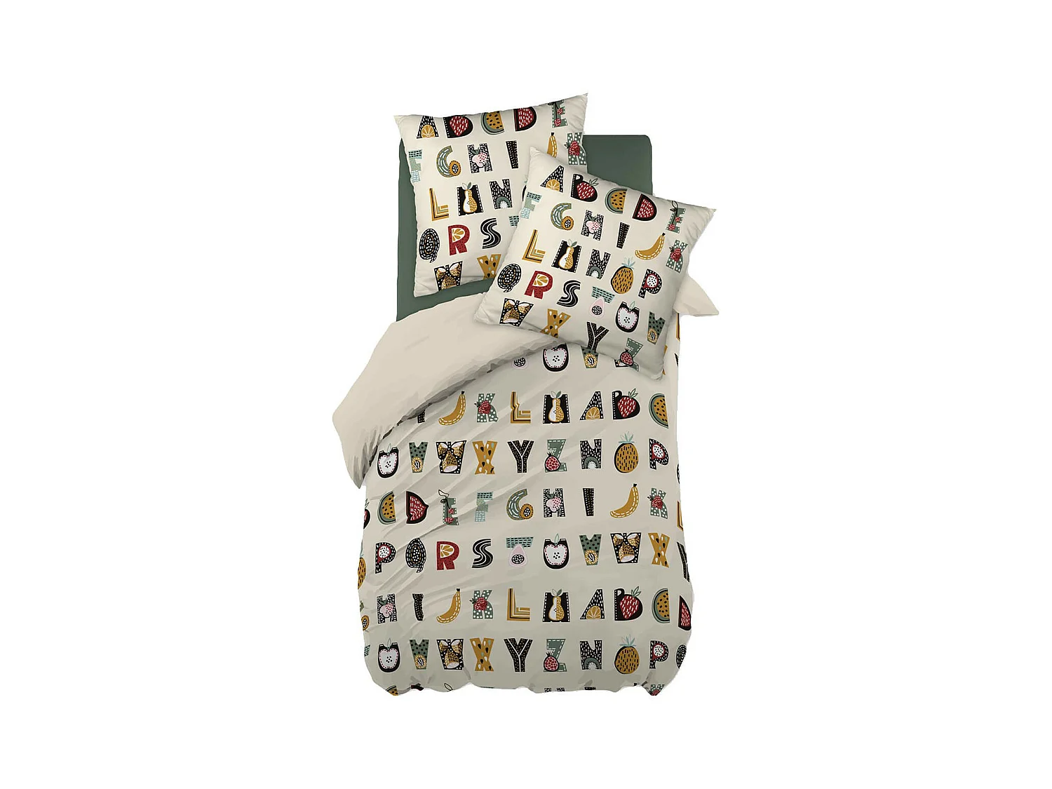 FRUIY - Parure de Lit Coton Motif Alphabet Housse de Couette 140x200cm + Taie d'Oreiller