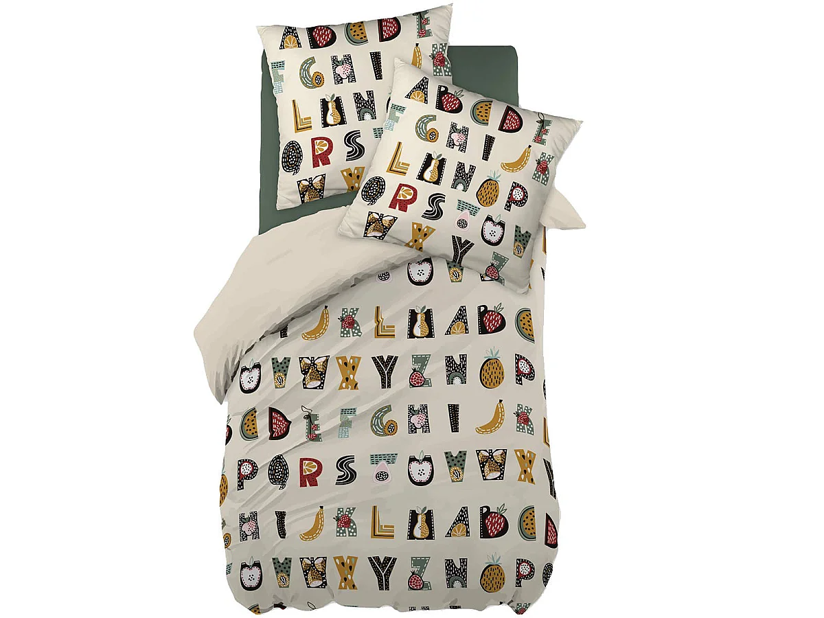 FRUIY - Parure de Lit Coton Motif Alphabet Housse de Couette 140x200cm + Taie d'Oreiller
