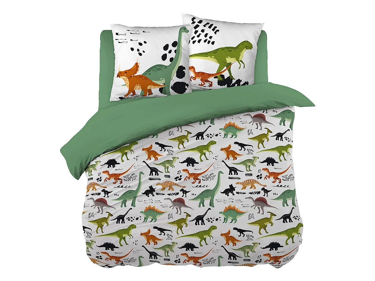 MEZO - Parure de Lit Coton Motif Dinosaures Housse de Couette 200x200cm + 2 Taies d'Oreiller